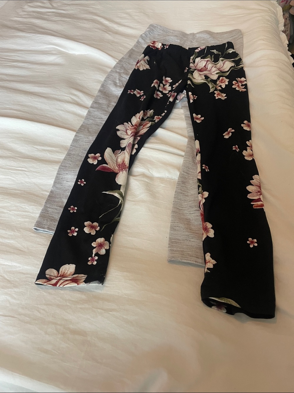 Kids Floral Black Leggings and Heather Gray Leggings Bundle - Soft Stretch